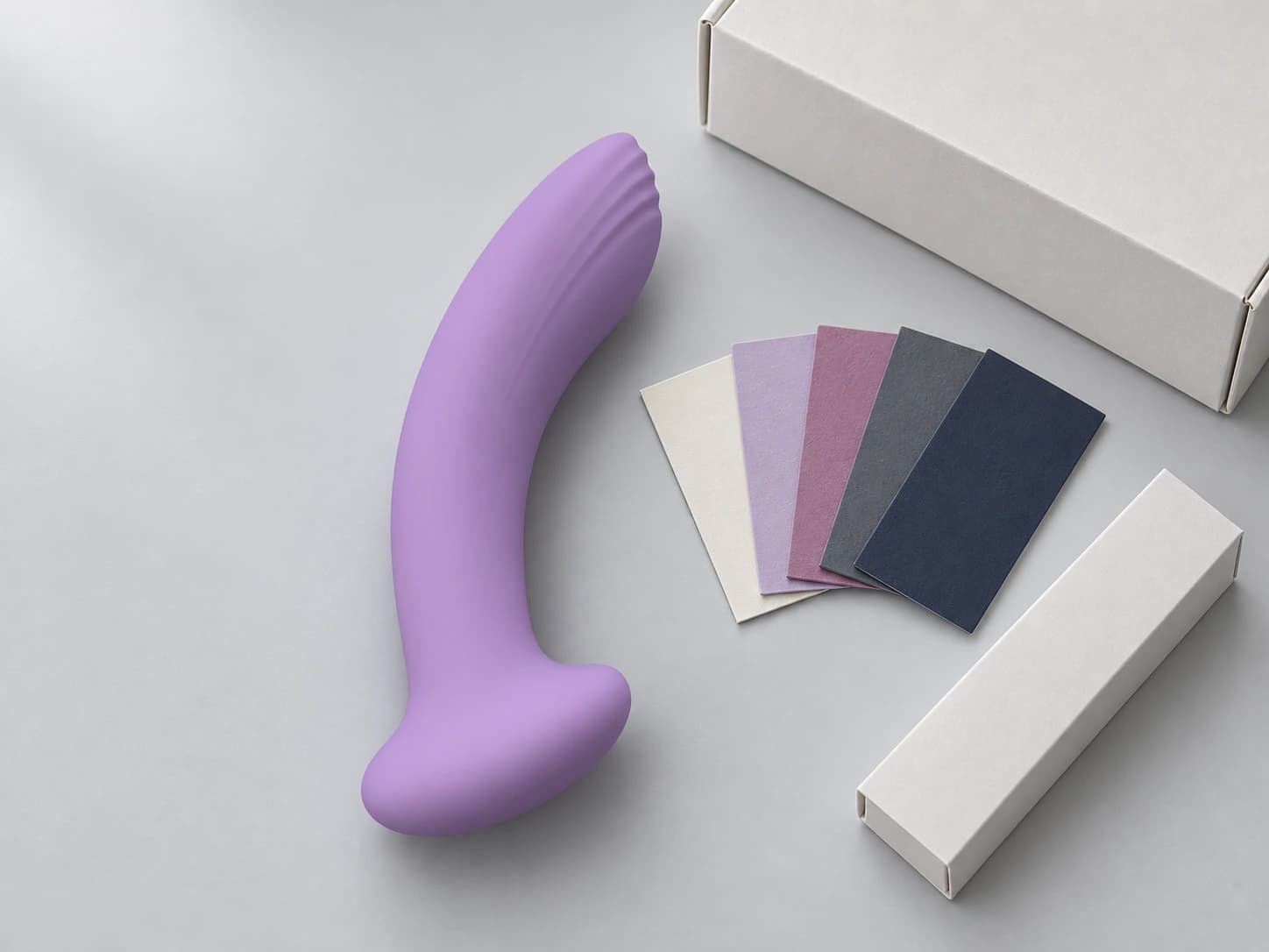 Color and packaging design visualization with lavender B858, five paper color cards and plain boxes