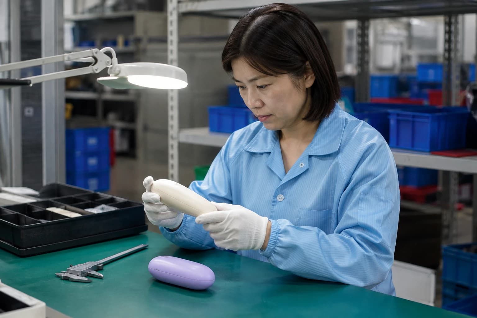 Process illustration of a technician examining a device under a task light
