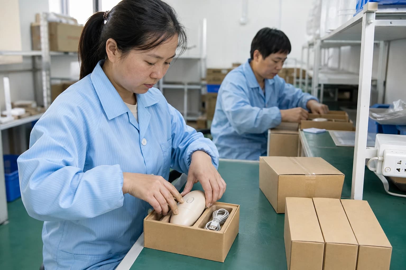 Process illustration of workers fitting devices and accessories into retail boxes