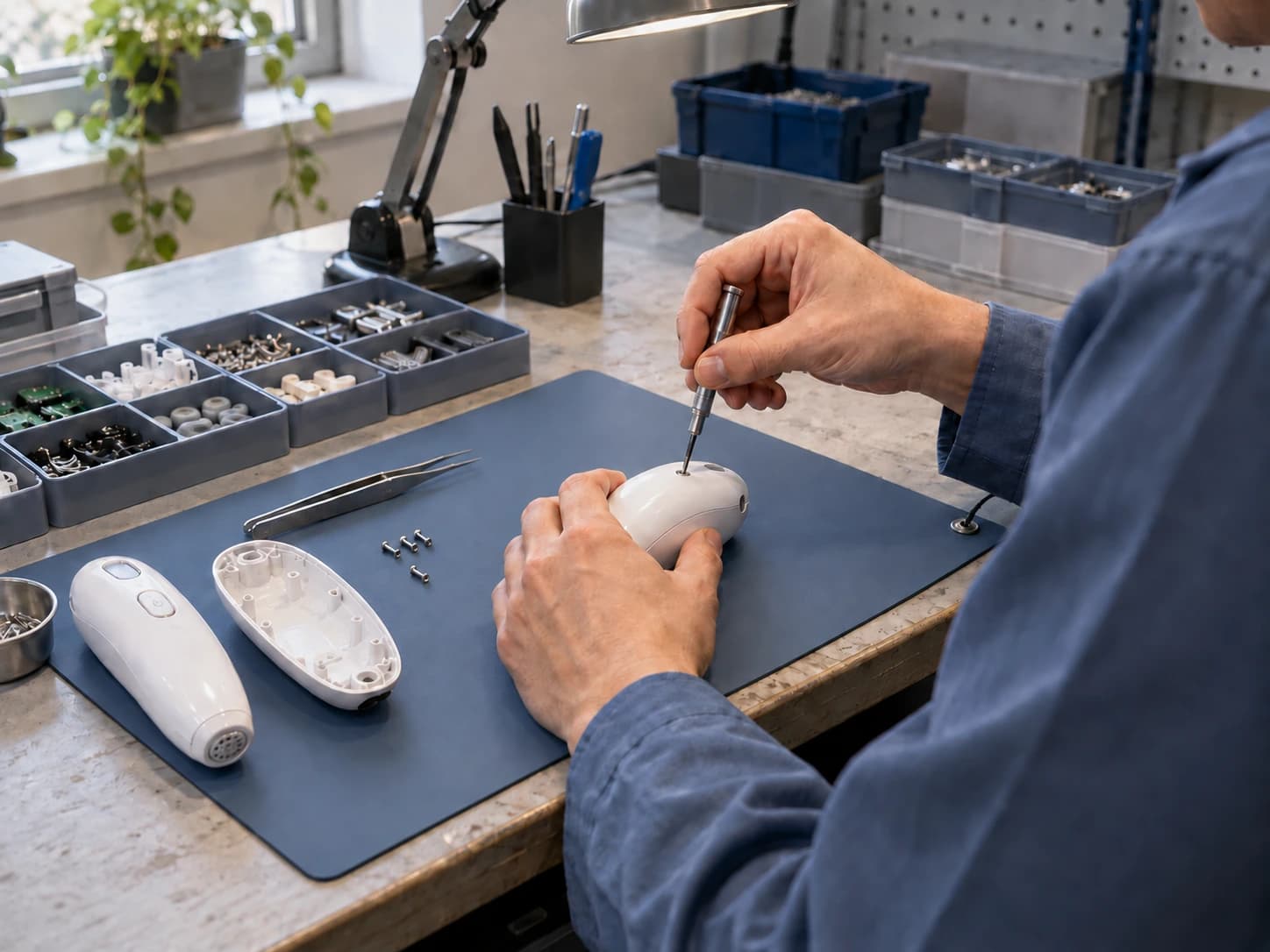 Illustration of a technician assembling a personal-care device at a workbench